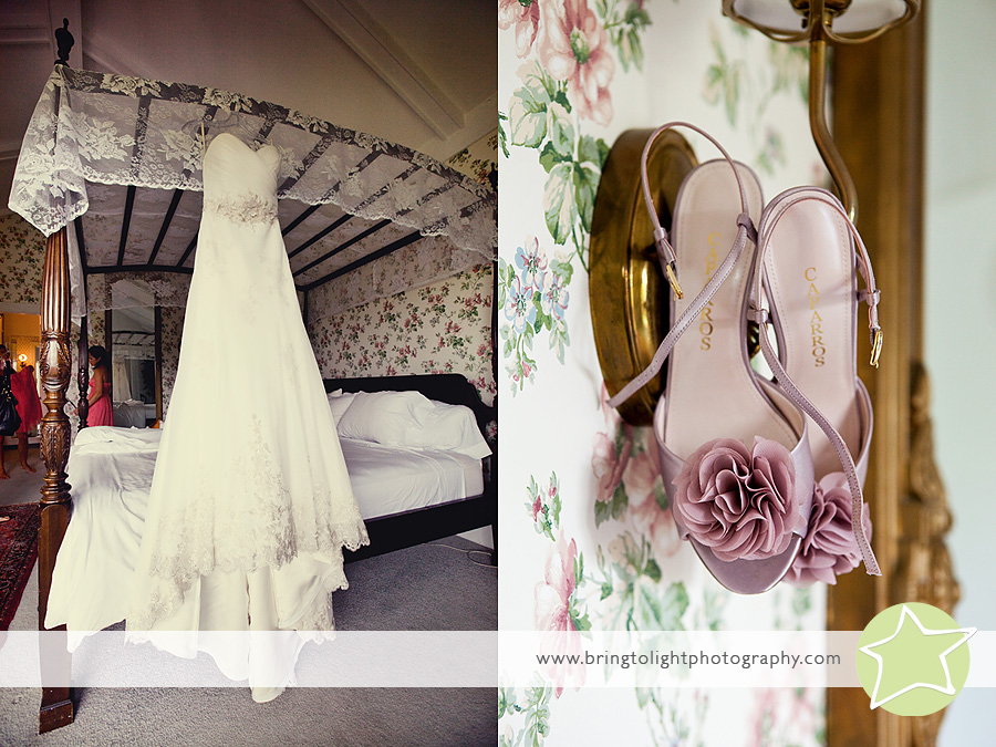 Lace wedding gown and purple shoes at the Stowehof Inn